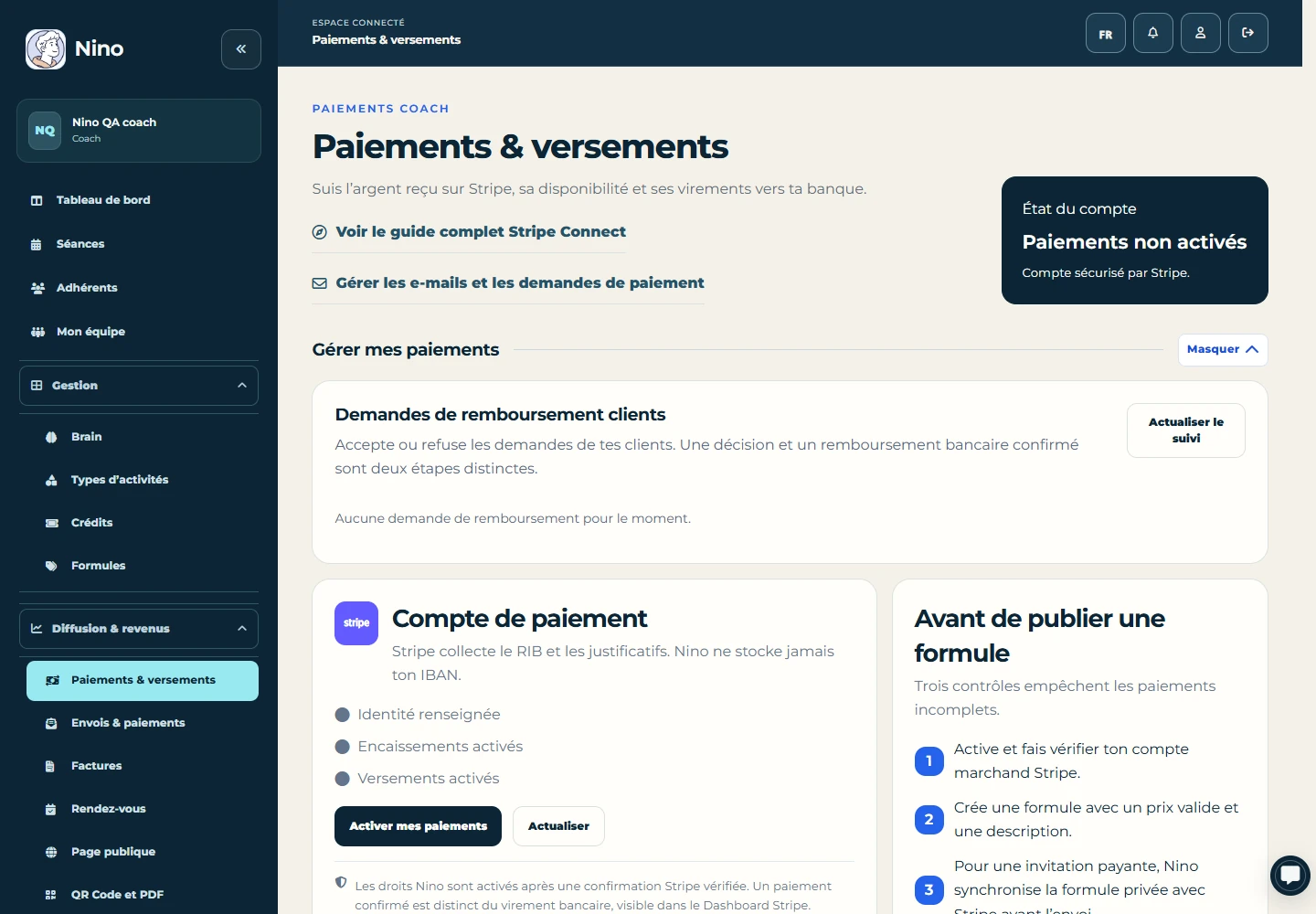 Écran réel du cockpit de paiements Nino en environnement de test, avec un compte Stripe en attente d’activation.