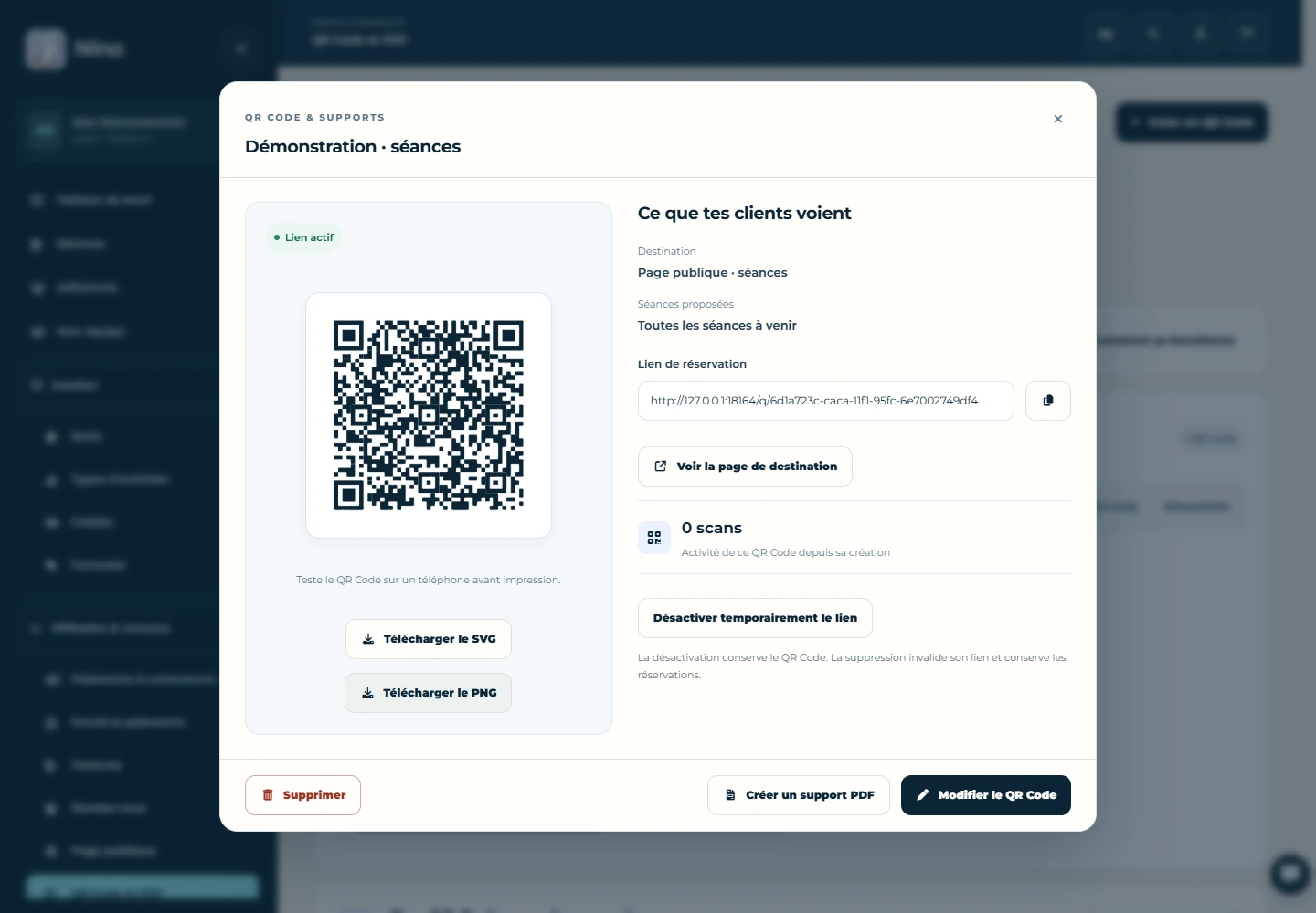 Écran réel Nino de gestion des QR et supports PDF, avec données de démonstration.