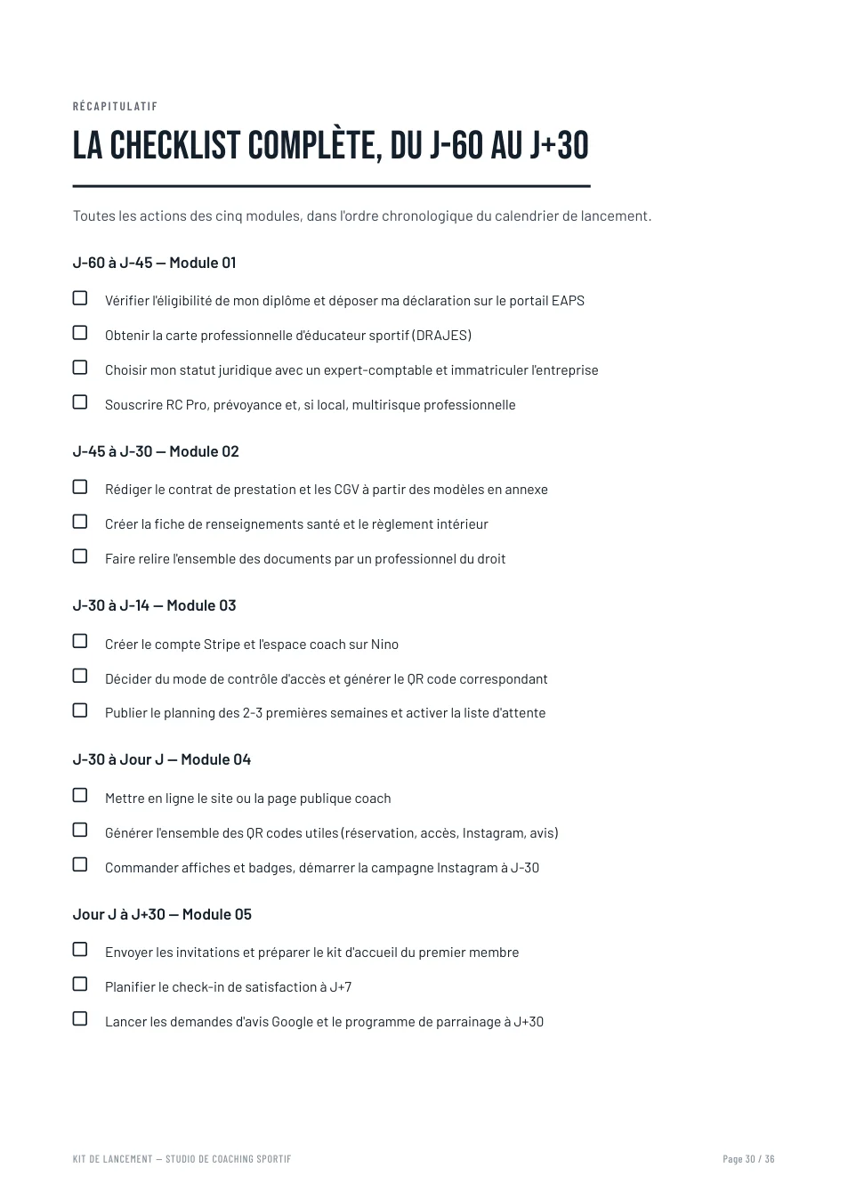 Extrait du PDF : checklist des actions de lancement, regroupées par étape